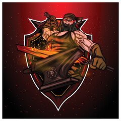 A blacksmith works with a hammer and anvil in a forge illustration