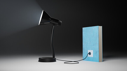 Concept of learning. A table lamp shines using a book as a source of energy against a dark background. Education. 3d illustration.