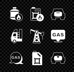 Set Propane gas tank, Canister for motor oil, Spare wheel in the car, Location and station, Gas vehicle, and Oil pump pump jack icon. Vector