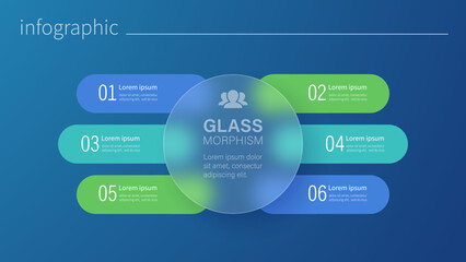 6 options infographic with frosted glass,  glassmorphism effect.