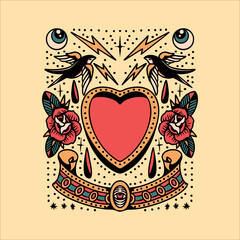 swallow and heart tattoo set vector design