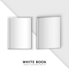 Mockup of two white books in front and isometric view. Realistic template of textbook, album, magazine isolated on white and transparent background. Layout for branding