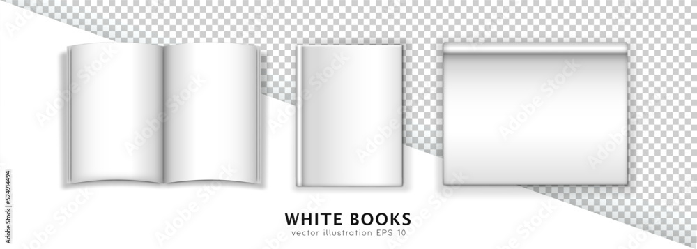 Aufkleber collection of three white paper objects - opened textbook with blank sheets, closed hardcover book i