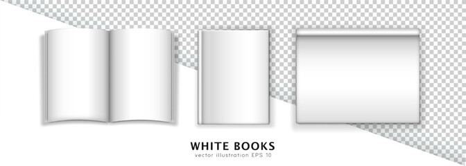 Collection of three white paper objects - opened textbook with blank sheets, closed hardcover book in top view and empty sketchbook. 3d realistic template, mockup, layout with copy space.