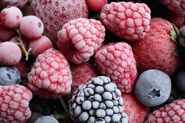 Mix of different frozen berries as background, top view
