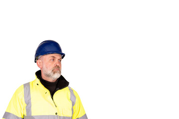 A construction worker in a blue hat and yellow hi-viz coat on white background with cpace for text