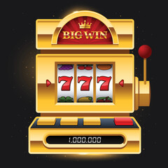 Golden slot machine on dark background with Big Win sign. Win 777 jackpot. Lucky seven, big win, casino vegas game. Jackpot triple seven. Vector illustration.