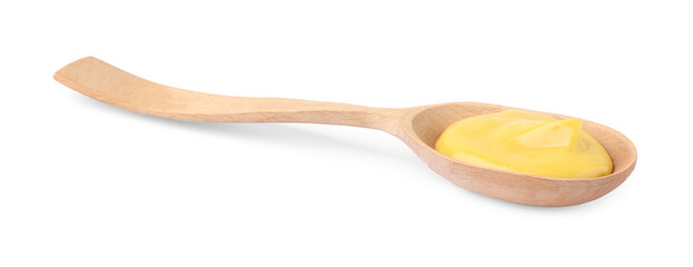 Delicious mustard in wooden spoon isolated on white