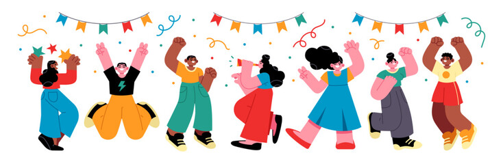 Grand opening ceremony celebration or other big ceremony event concept. Illustrations of excited happy people celebrating an event. Vector