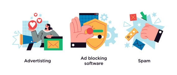 SMM business, annoying online notifications and internet newsletter protection icons set. Advertising, ad blocking software, spam metaphors.