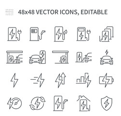
Simple vector line icons. On the topic of car charging, socket, full tank, discharged, charging at home, generator, little charge and much more.