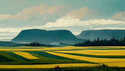 Canada countryside green field mountain cloudy sky