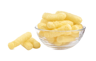 Glass bowl with sweet corn sticks isolated on white