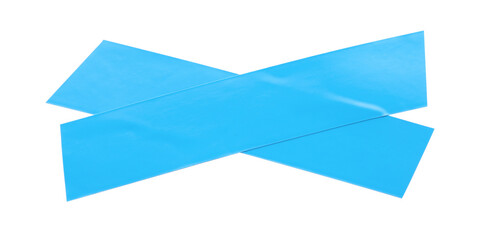 Crossed pieces of light blue insulating tape on white background, top view