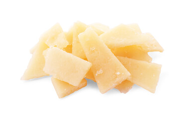 Pile of parmesan cheese pieces on white background