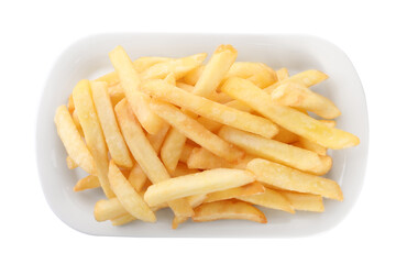Plate with delicious french fries on white background, top view