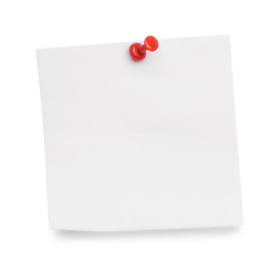 Blank note pinned on white background, top view