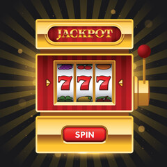 Golden slot machine with Jackpot sign and spin button on dark background. Win 777 jackpot. Lucky seven, big win, casino vegas game. Jackpot triple seven. Vector illustration.