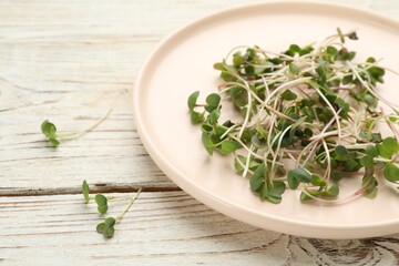 Plate with cut fresh radish microgreens on white wooden table, closeup. Space for text