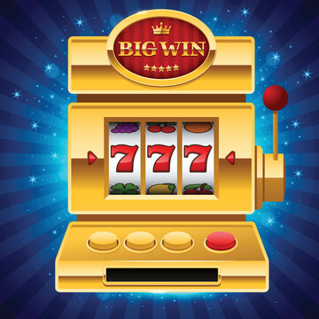 Golden slot machine on blue shiny background with Big Win sign. Win 777 jackpot. Lucky seven, big win, casino vegas game. Jackpot triple seven. Vector illustration.