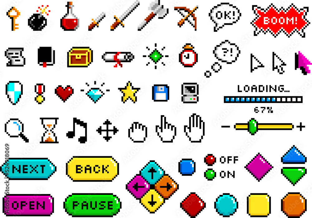 Poster pixel game elements. knight sword, loading start pause 8 bit gaming icons. retro pixels digital art 