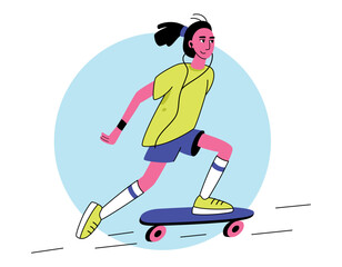 Skateboarding ride vector illustration. Young happy woman skater. Cool girl in headphones and in knee socks on skateboard.