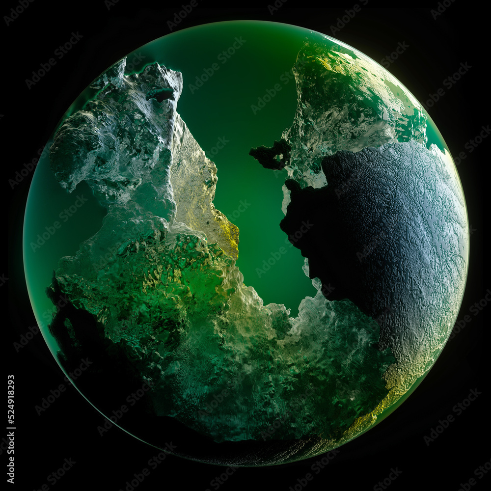 Wall mural 3d render of abstract art 3d ball or sphere planet with rough rock surface inside with big crack in 