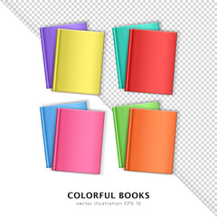 Top view of realistic 3d colorful hardcover books isolated on white and transparent background. 3D mock up, template of blank textbooks, diaries, brochures, magazines. Layout design for branding 