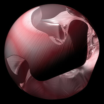 3d render of abstract art of surreal 3d ball or sphere planet with smooth wavy curve lines forms rose metal rock surface with glowing light red light inside on isolated black background 
