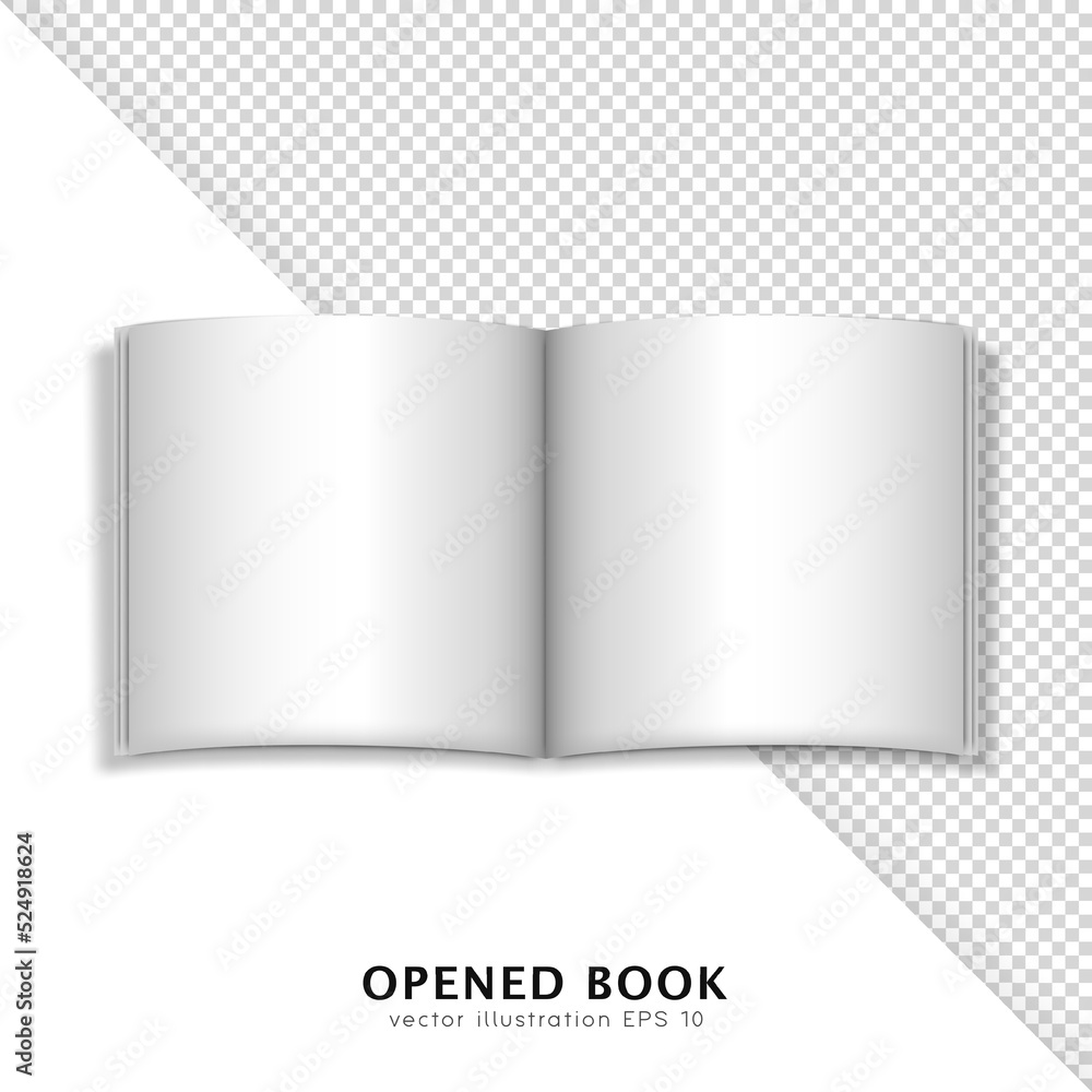 Poster mockup of opened book with white paper sheets. 3d template of notebook, copybook, magazine, album, j