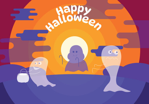 Vector image of three little ghosts who go to collect sweets in the evening on Halloween