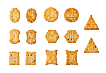 Saltine cracker variety isolated on a white background. Cutout of various shaped sesame cookies....