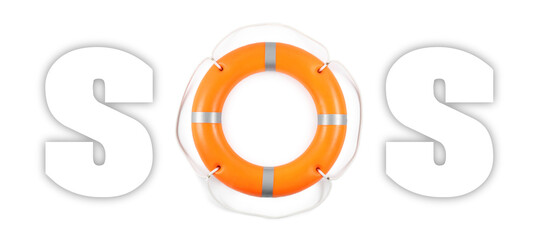 SOS message made from lifebuoy and letters on white background. Banner design