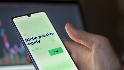 An investor's analyzing the niche passive equity etf fund on screen. A phone shows the ETF's prices equities to invest