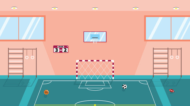 Vector illustration of modern interior school gym. Cartoon interior with swedish wall, balls, goal, basketball stand, game score.