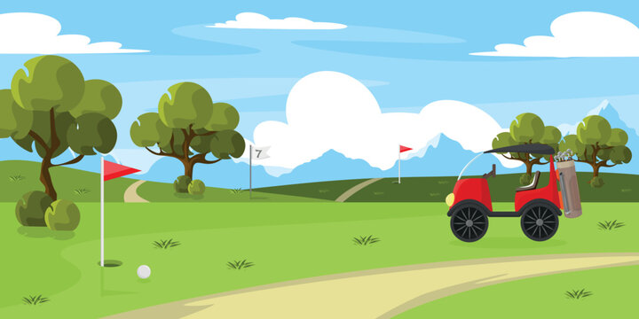 Vector illustration of beautiful golf courses. Cartoon mountain landscape with pockets, golf ball, golf cart, clubs, trees, hills.
