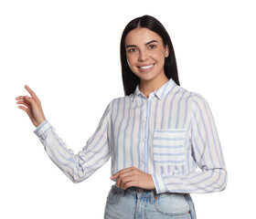 Beautiful young woman on white background. Weather forecast