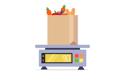 Electronic weight machine for measuring grocery. measuring scale for grocery. flat vector illustration.