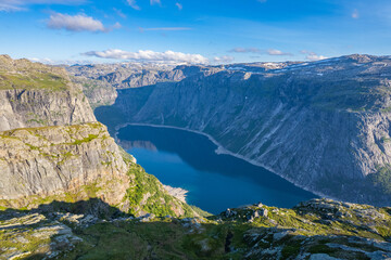 Naklejka na ściany i meble Aerial summer beautiful view of Trolltunga, Norway