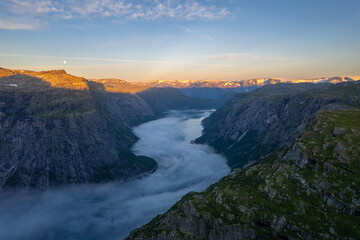 Aerial summer beautiful view of Trolltunga, Norway