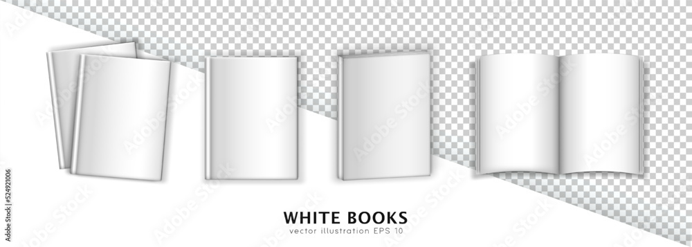 Poster mockup of four different white books - two textbooks, closed magazine in top and isometric view and 