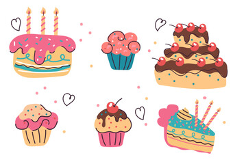 Cake birthday party dessert cupcake bakery isolated set collection. Vector isolated graphic design illustration