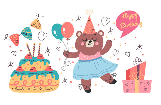 Animal bear birthday party celebration concept. Vector isolated graphic design illustration set