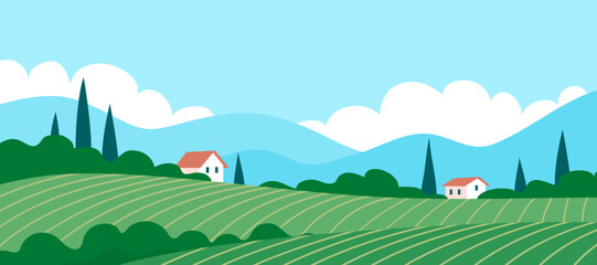 Summer italian landscape of nature. Panorama with green forest, vineyard, cypress, fields, blue sky and lake. Rural scener. Flat vector illustration