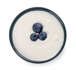 Bowl of delicious yogurt with blueberries isolated on white, top view