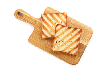 Board with slices of delicious toasted bread on white background, top view