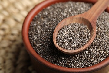 Bowl and spoon with chia seeds, closeup