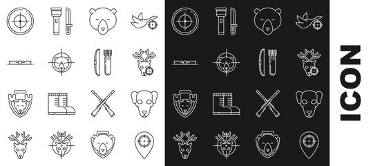 Set line Hunt place, Hunting dog, on deer with crosshairs, Bear head, bear, Trap hunting, Target sport for shooting competition and Bow and arrow quiver icon. Vector