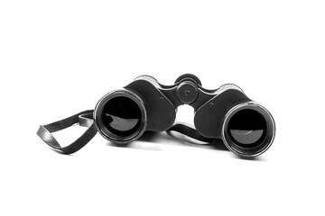 retro, vintage binoculars in black on a white background. there are scratches. Close-up.