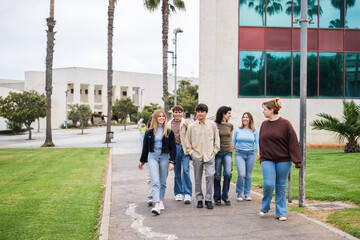 Fototapeta na wymiar Group of students walking around the university and having fun in their free time